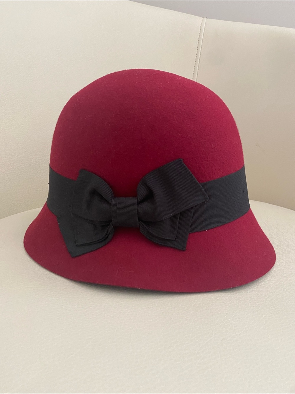 San Diego Hat Company Red Wool Cloche with Black Bow Trim